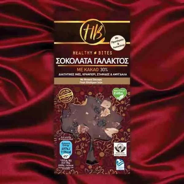 Healthy Bites Σοκολάτα Γάλακτος Με Κακάο 30% Με Πρωτόγαλα, Λυκοπένιο, Διαιτητικές Ίνες, Κράνμπερι, Σταφίδες & Αμύγδαλα 100gr
